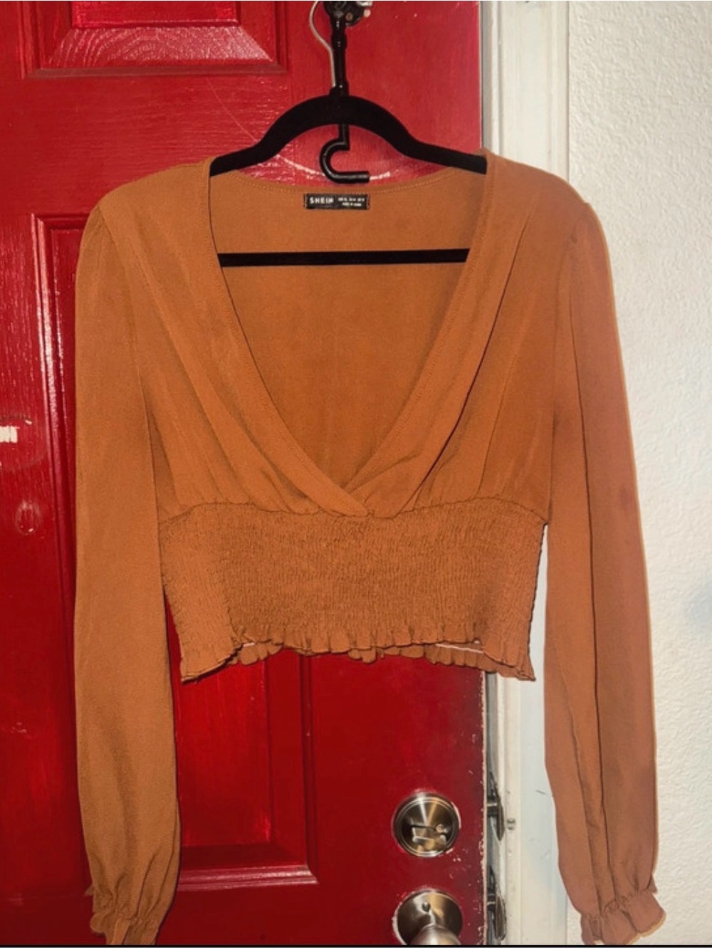 Shein Rust Brown Smocked Cropped V-Neck Long Sleeve Top size XL